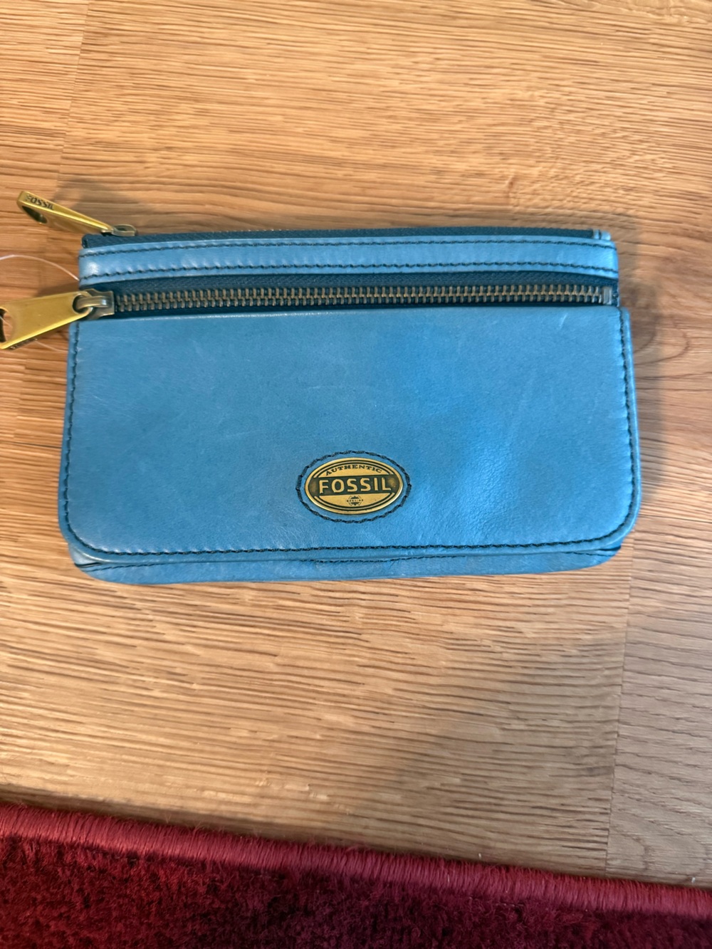 Fossil Navy Leather Zip Coin Pouch with Gold Hardware